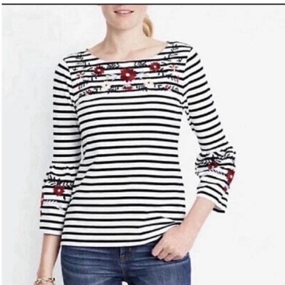 J. Crew Factory shirt black white striped floral embroidery bell sleeves